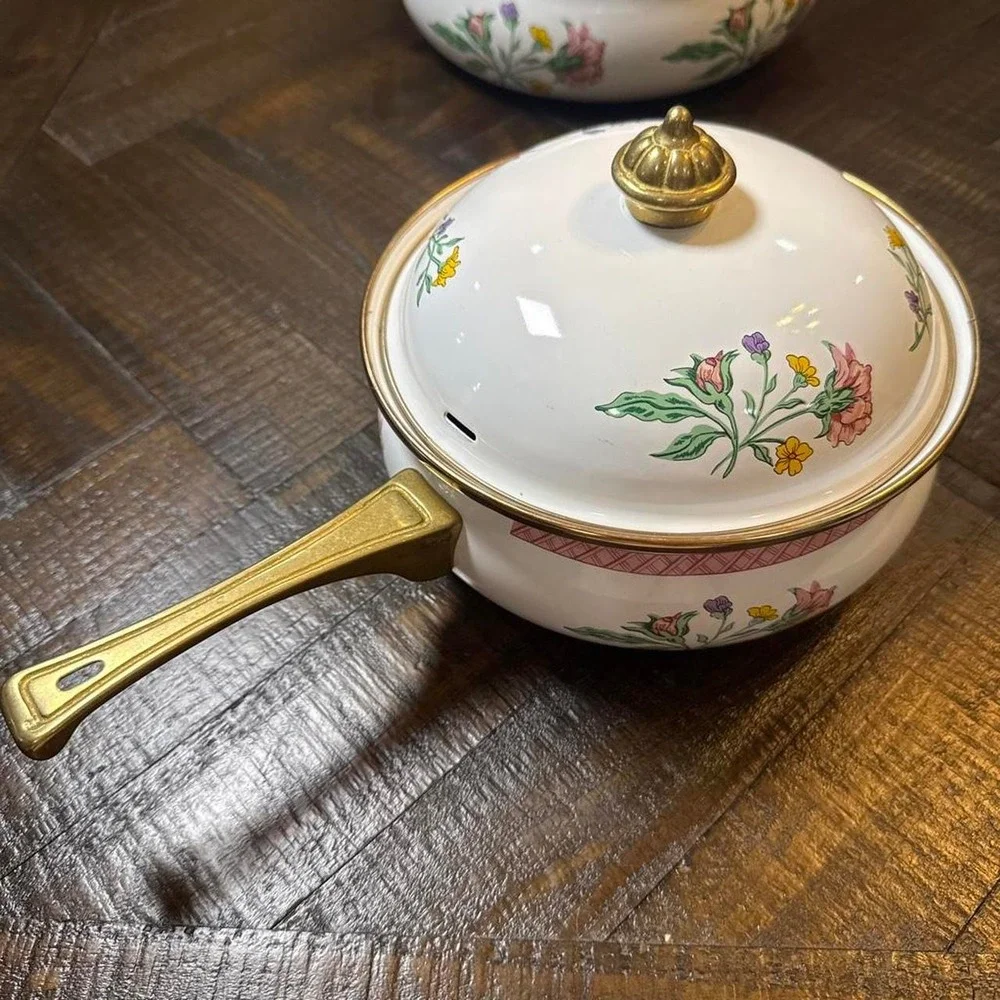 Vintage Dar Collection Porcelain Enamel Floral Cookware Pot Set